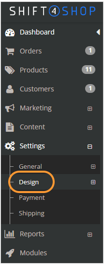 Screenshot of Shift4Shop admin menu