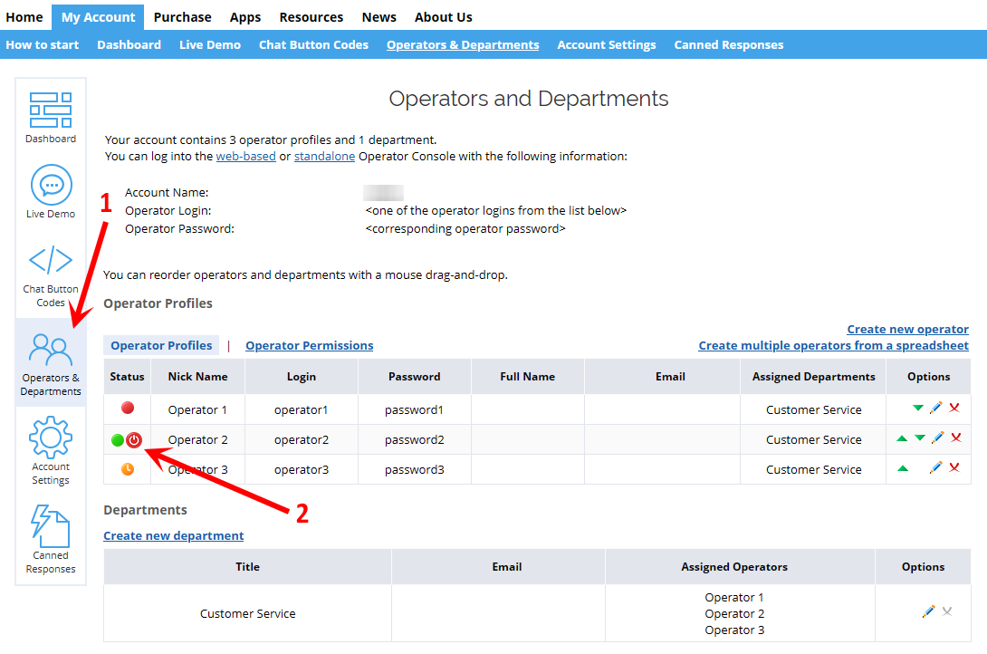 Screenshot of Operators and Departments page with forced logout button